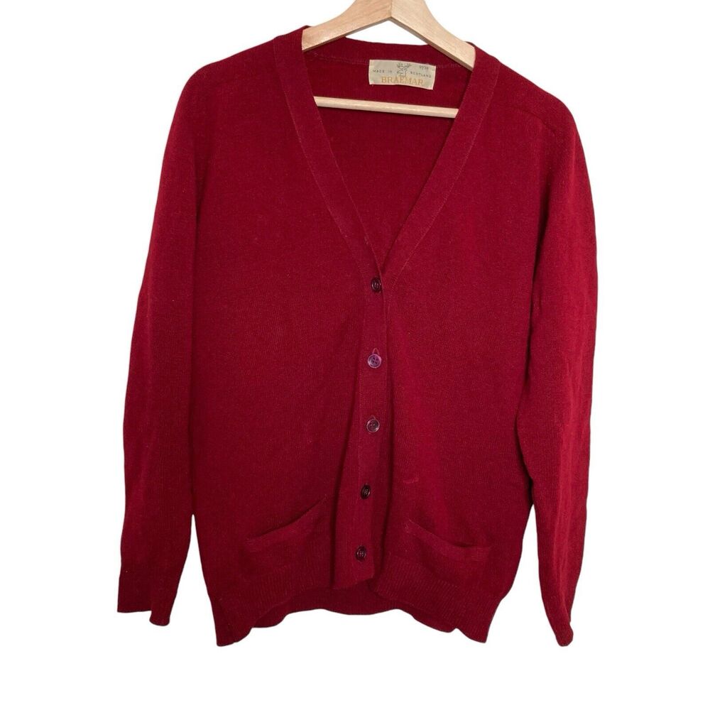 Braemar Vintage 80s Red 100% Lambswool Cardigan Long Sleeve Sweater Size 38 M